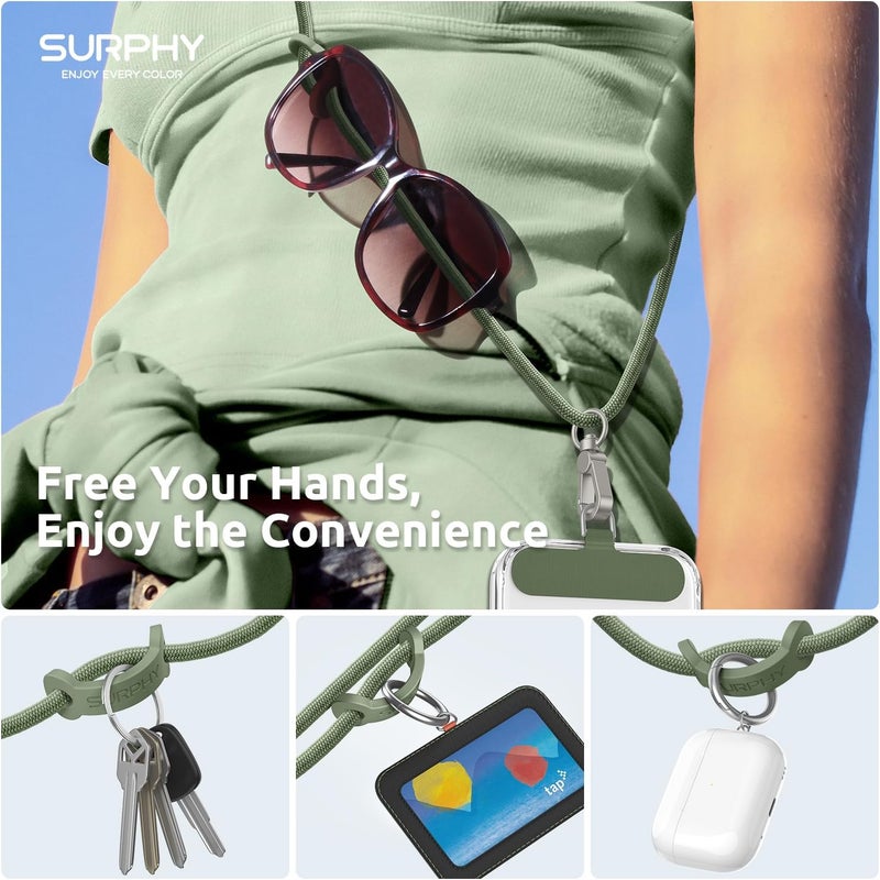 SURPHY Phone Lanyard, Adjustable Phone Strap Crossbody with 2 Pack Cell Phone Tether Tab, Premium Metal Buckles, Skin-Friendly, Universal Cell Phone Lanyard Crossbody for Women and Men, Army Green - Image 3